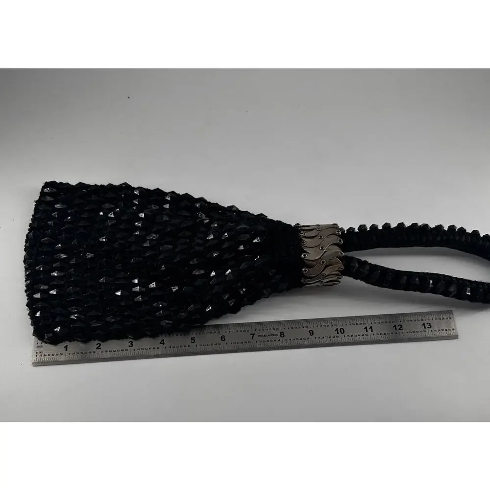 Vintage Black Beaded Evening Purse with Bike Chain Strap Accent Y2K Goth